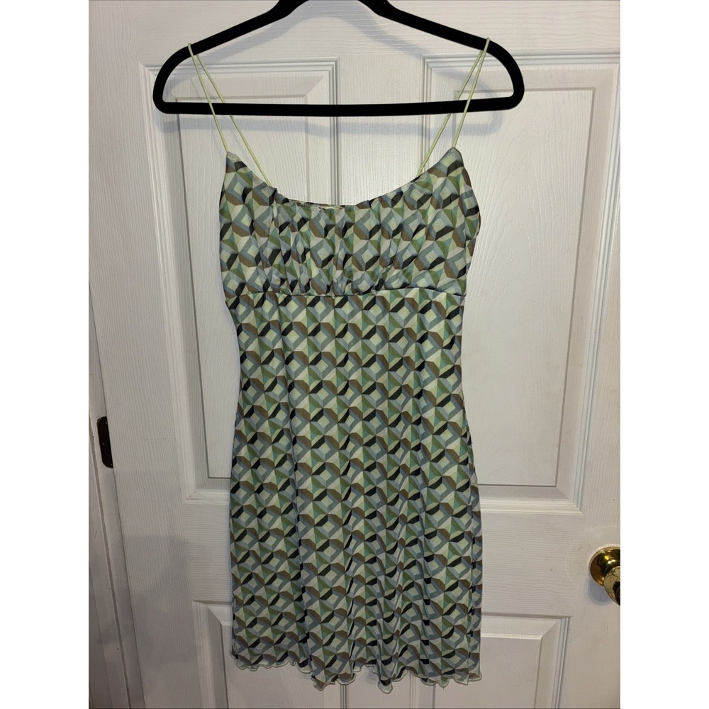 No Comment L Green Geo Stretch Mesh Babydoll Dress Strappy Juniors Mini 90s Y2K